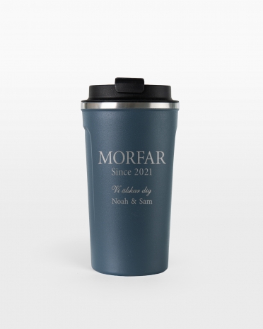 Blå termosmugg med personlig gravyr