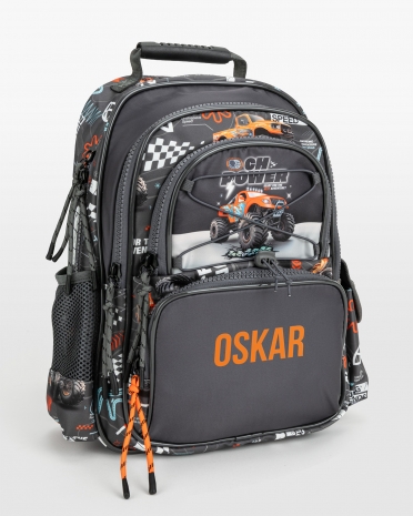 barnryggsäck med namn, med motiv av monstertrucks