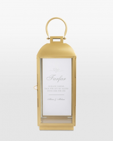 Guldfärgad ljuslykta med personlig gravyr