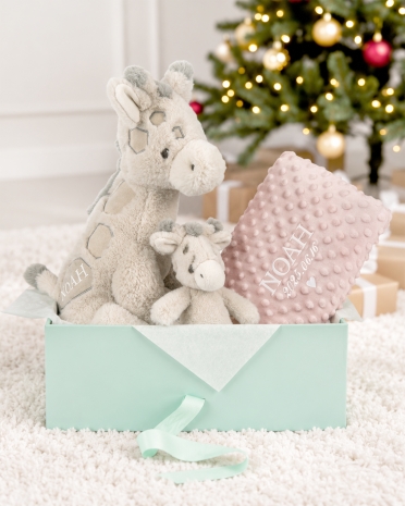 Presentset för bebis innehållande gosedjur- och bitringsgiraff samt rosa babyfilt med namn