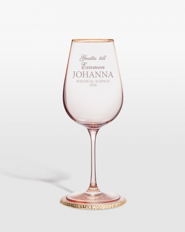 Rosa vinglas med graverad text - perfekt examenspresent