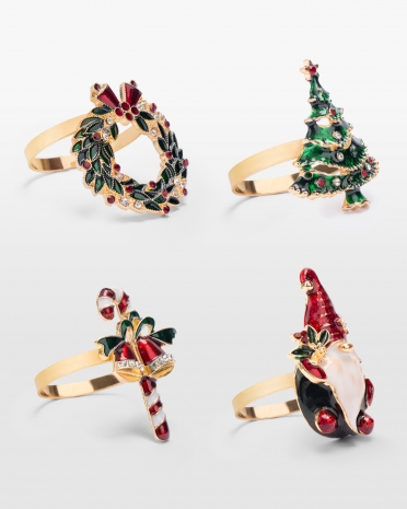 4-pack guldfärgade servettringar med olika julmotiv