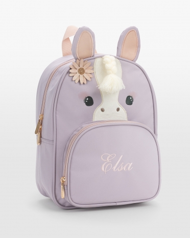 lila Barnryggsäck med hästmotiv med svans och man