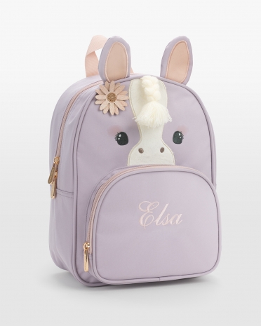 lila Barnryggsäck med hästmotiv med svans och man