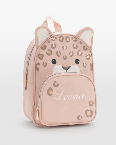 Leopardryggsäck med creme brodyr av barnets namn
