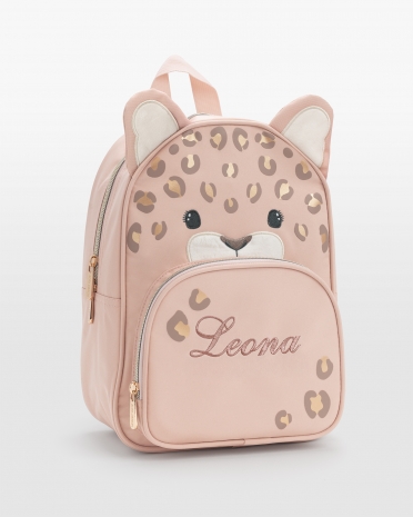 Leopardryggsäck med rosa brodyr av barnets namn