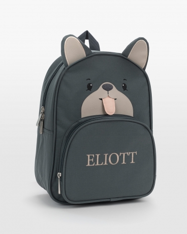 Grå barnryggsäck med hundmotiv, med svans och tunga