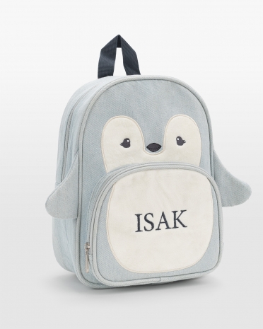 blå Barnryggsäck med namn, med pingvinmotiv