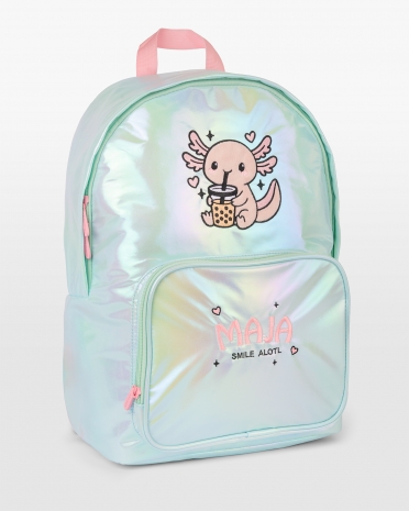 Mint skolryggsäck med motiv av axolotl