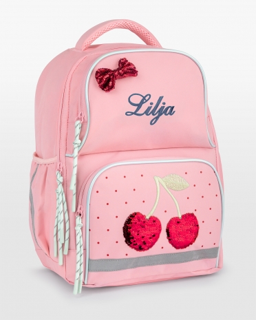Rosa skolryggsäck med kylfack, körsbärsmotiv, broderat blått namn och reflexer