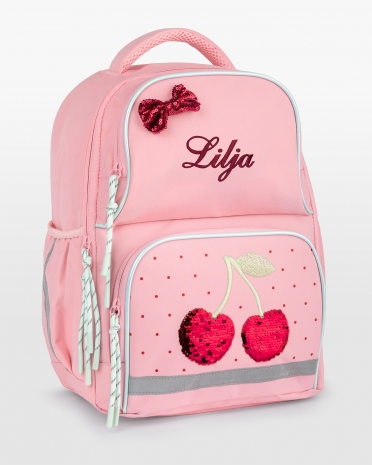 Rosa skolryggsäck med kylfack, körsbärsmotiv, broderat namn och reflexer