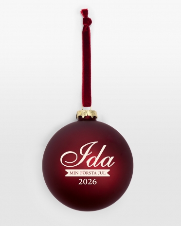Röd julgranskula med personligt namn och valfri text
