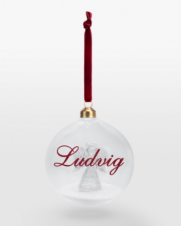 Julkula i glas med motiv av ängel och personligt namn