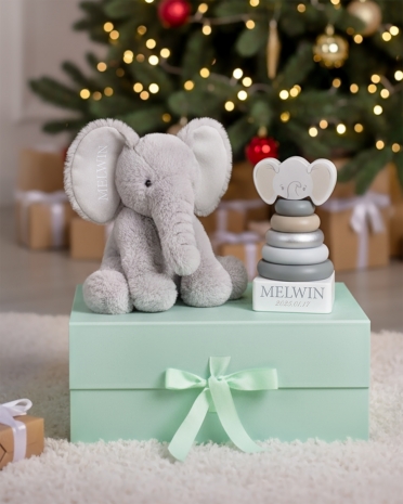 Gosedjur & Stapeltorn med namn, blå/grå - Elefant