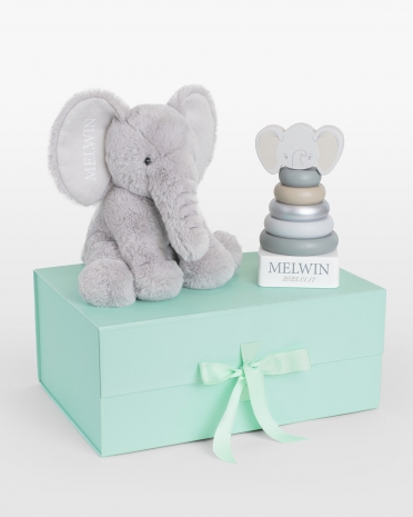 presentset med gosedjur och stapeltorn med namn