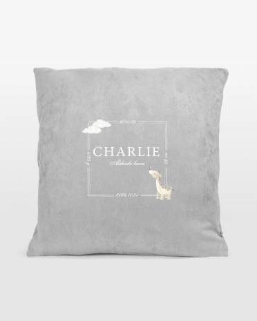 Kuddfodral med barnets namn. datum, vikt, längd och klockslag