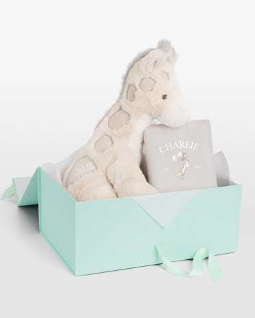 presentset med gosedjur och kuddfodral med namn