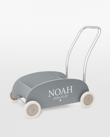 Blå lära-gå-vagn med namn