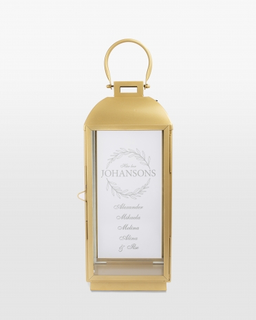 Guldfärgad ljuslykta med namn