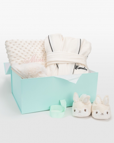 Mamma & baby mysset med morgonrock, babytofflor och filt, creme