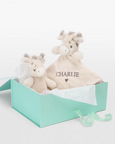 Presentset till nyfödd med snuttefilt med namn och skallra