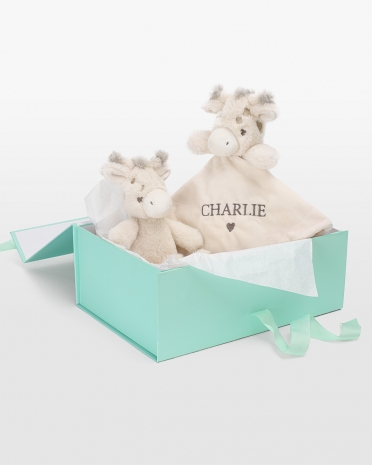 Presentset till nyfödd med snuttefilt med namn och skallra
