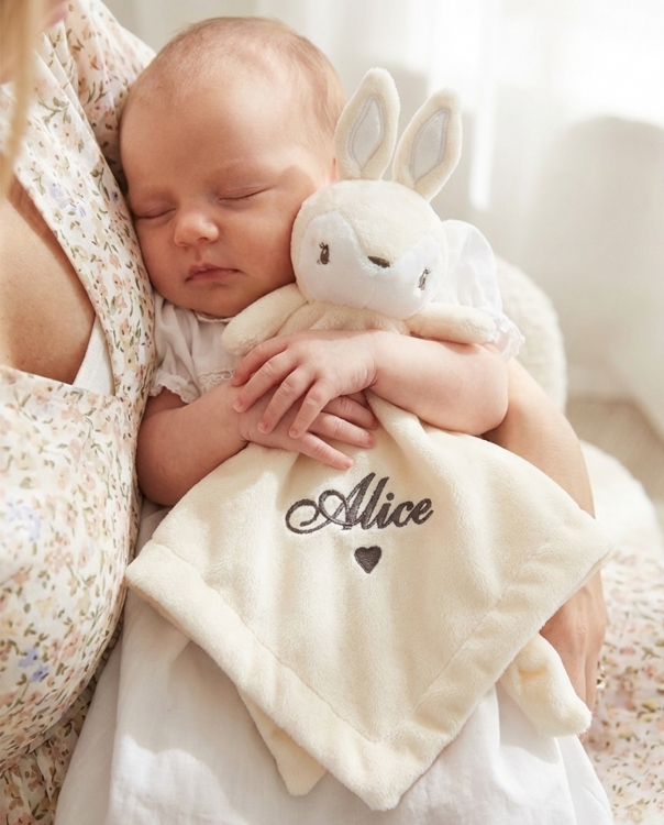 Snuttefilt i form av en kanin med personlig brodyr