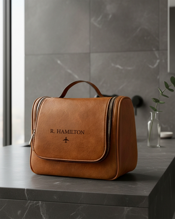 Congac necessär i läder med tryckt namn