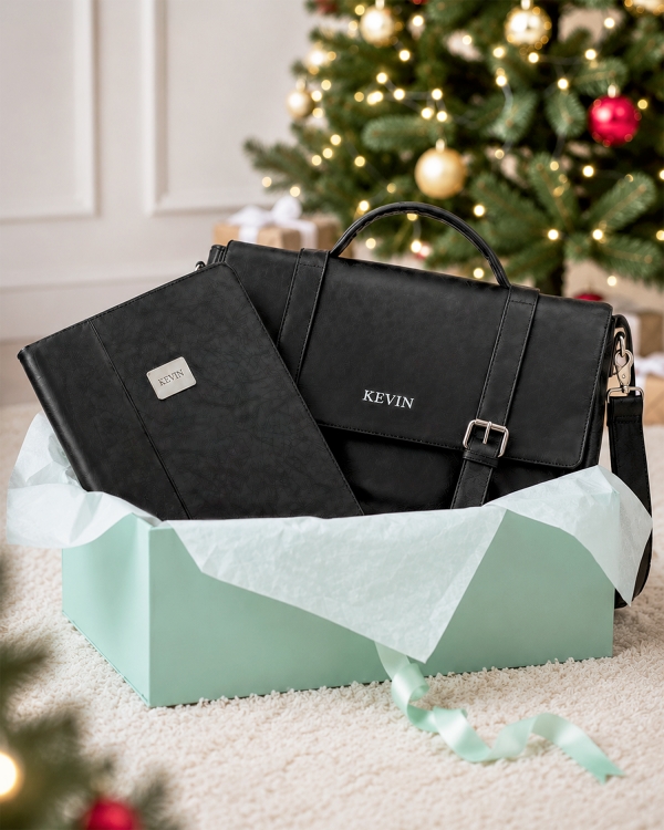 julklappstips till honom med laptopväska och konferensmapp graverade och broderade med namn