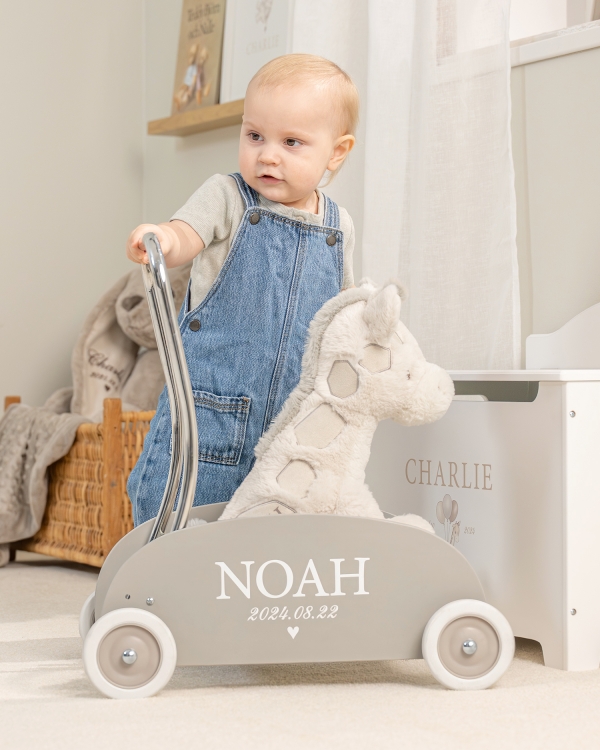 Lära-gå-vagn och giraffgosedjur, båda med personlig märkning