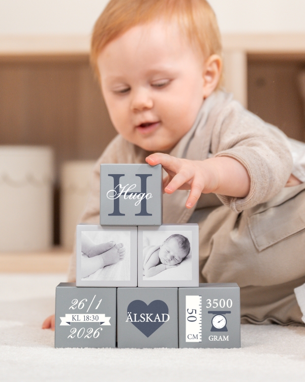 leksaksklossar med namn bild och födelseuppgifter