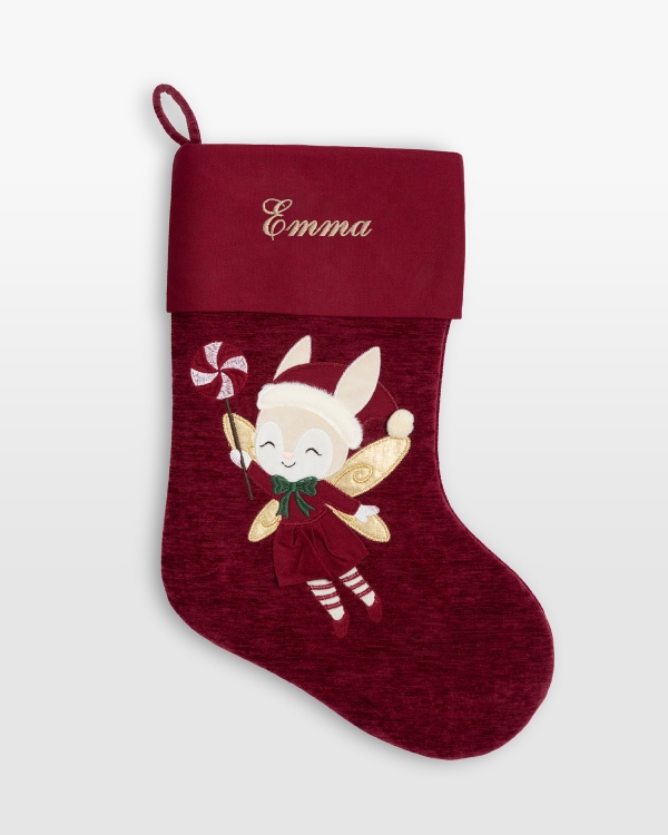 Julstrumpa i rött med namn med motiv av en julfe