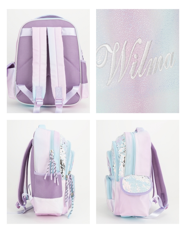 lila skolryggsäck med namn