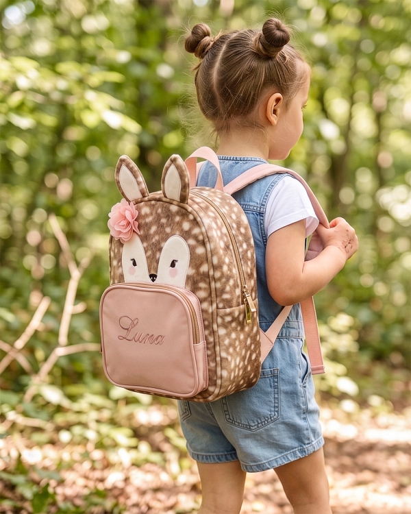 Ryggsäck för förskolebarn i form av ett rådjur, med broderat namn