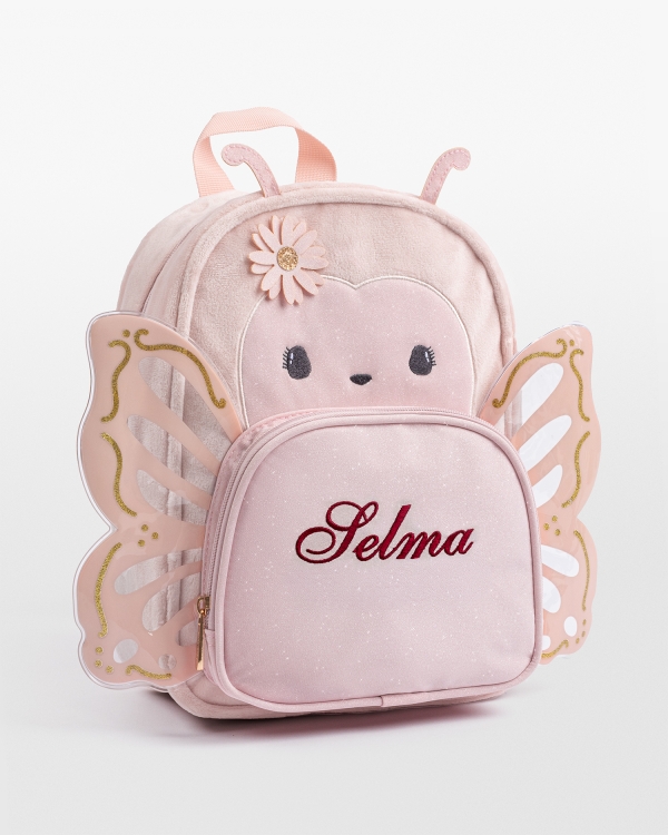 Fjärilsryggsäck med röd brodyr av barnets namn