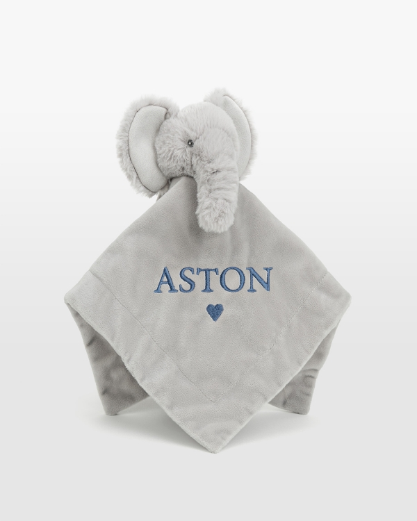 Snuttefilt med elefantmotiv som broderas med valfritt namn