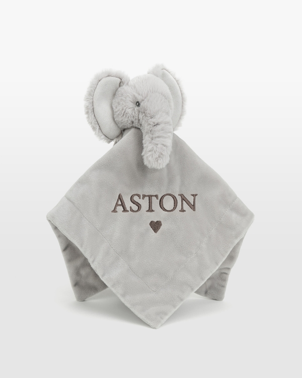 Grå elefantsnutte med blått broderat namn