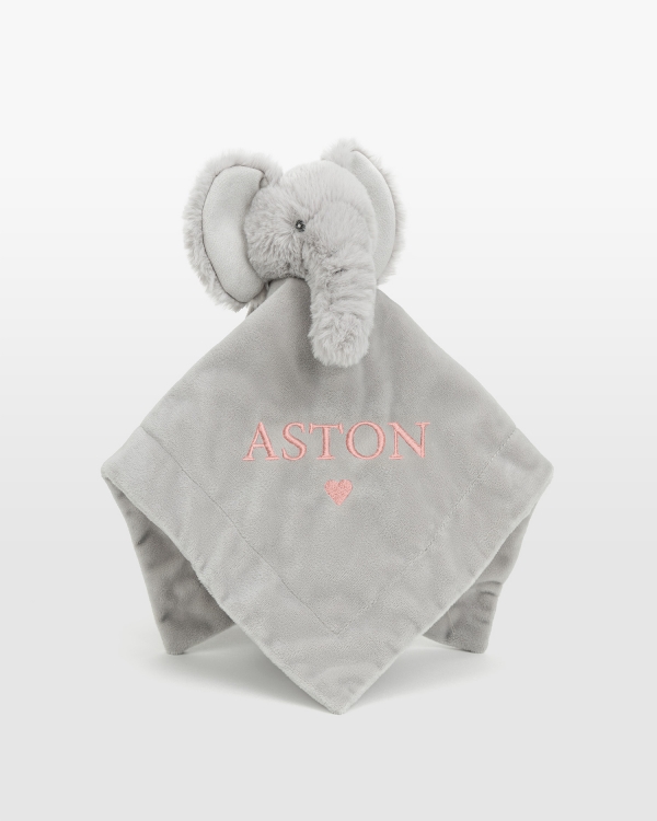 Grå elefantsnutte med rosa broderat namn