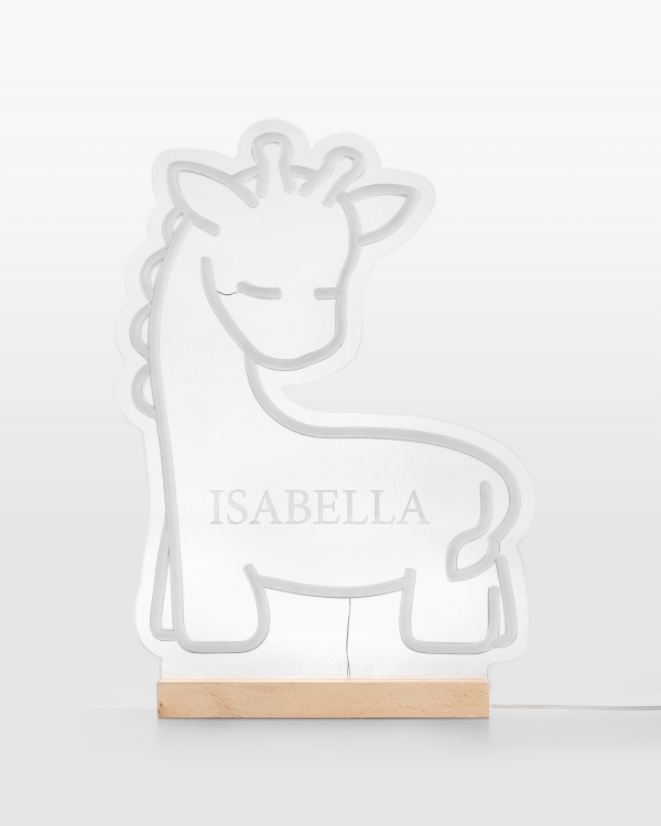 Neonlampa med giraffmotiv och gravyr