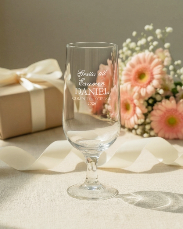 Ölglas med gravyr för examensfirandet