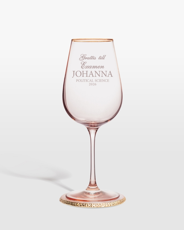 Rosa vinglas med graverad text - perfekt examenspresent