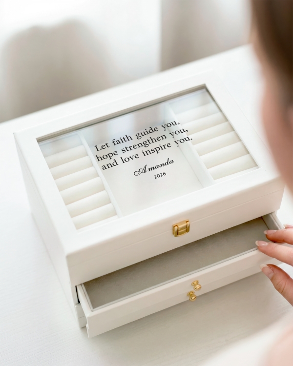 Smyckesskrin med personligt tryck som konfirmationspresent
