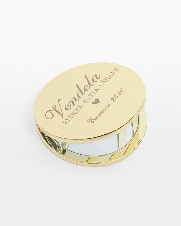 Graverad guldig fickspegel - perfekt examenspresent