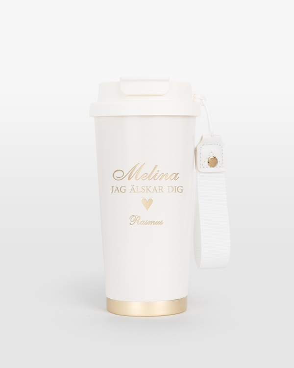 Cremefärgad termosmugg med gravyr