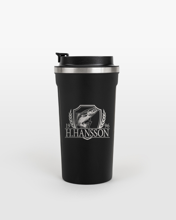 Termosmugg med namn, årtal och djurmotiv