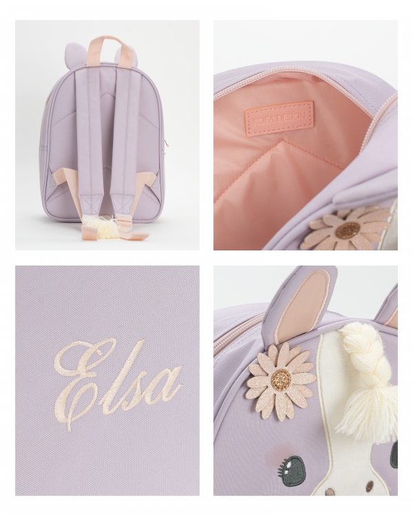 lila Barnryggsäck med hästmotiv med svans och man