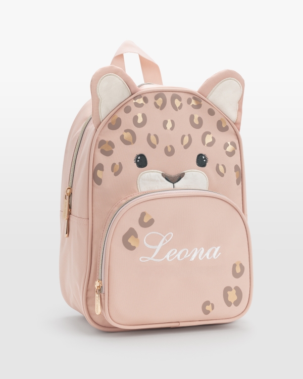 Rosa barnryggsäck med namn i form av leopard med guldglittrande fläckar