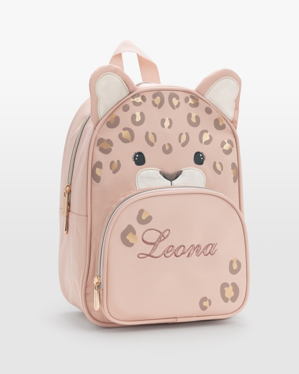 Leopardryggsäck med rosa brodyr av barnets namn