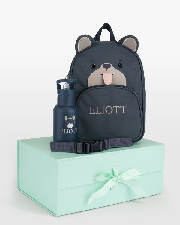 presentset med barnryggsäck, vattenflaska och bröstrem