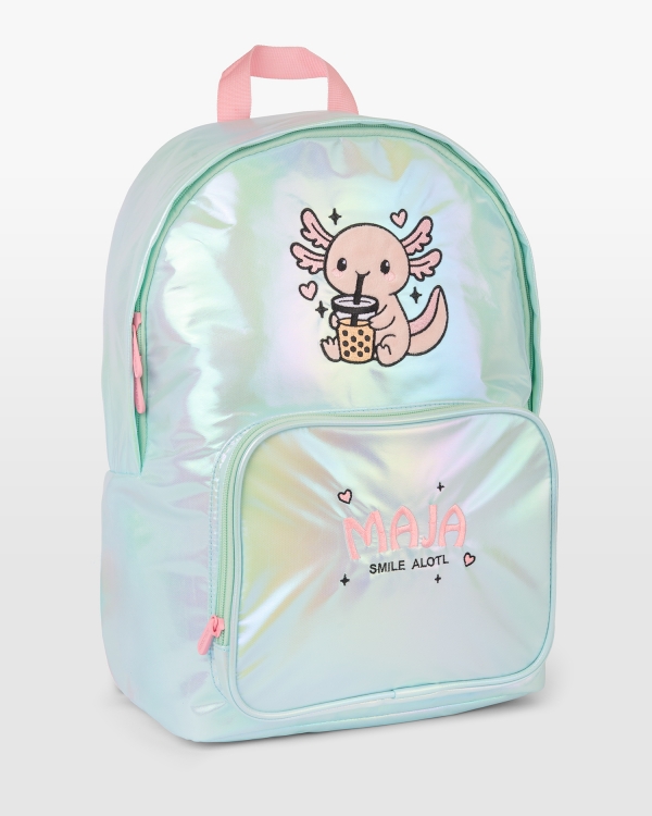Mint skolryggsäck med motiv av axolotl